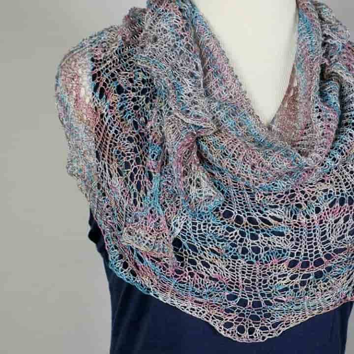 @trixieknits 100% Silk Laceweight Shawl in soft shades of blue, pink and cream