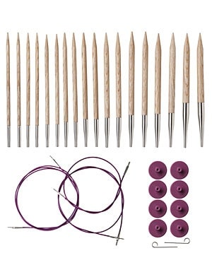 Nine pairs Knit Picks Sunstruck Interchangeable needle tips in natural light wood, 4 purple cables, 8 end stoppers and 2 wire tightening keys 