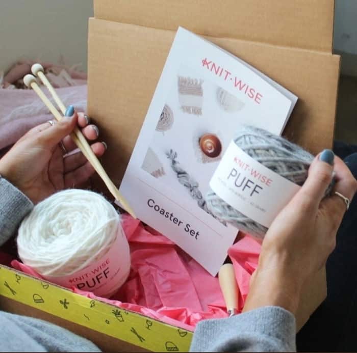 Cratejoy Subscription Boxes - Knit Wise includes, 2 cakes of yarn, pattern book and wooden needles