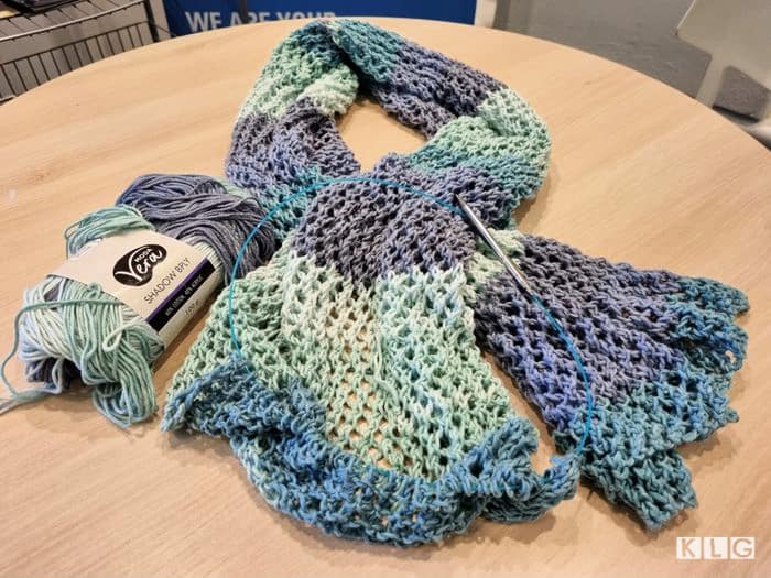 Open weave pattern scarf by Janet in lovely aquas and blues