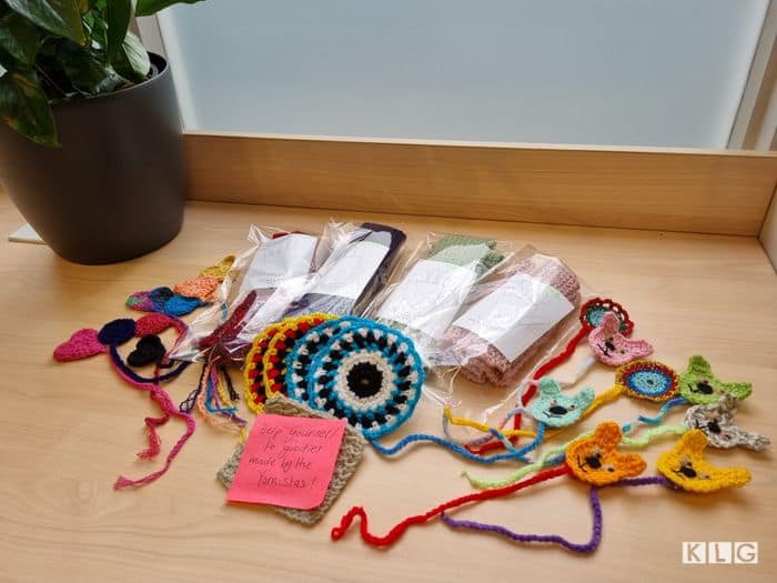 Items the Yarnistas have made for sale at the Unley Library front desk.