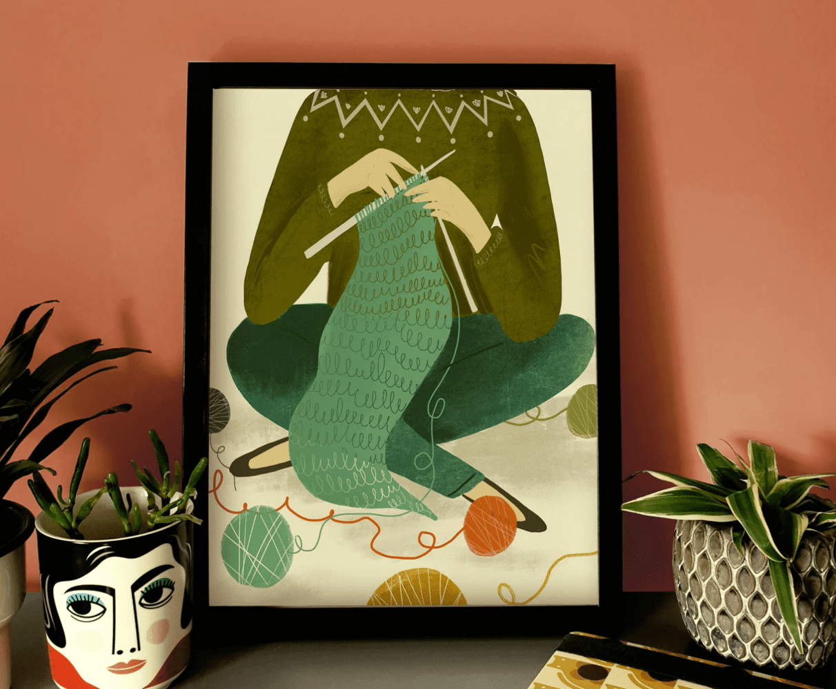 Handdrawn Framed Poster Of A Person Knitting