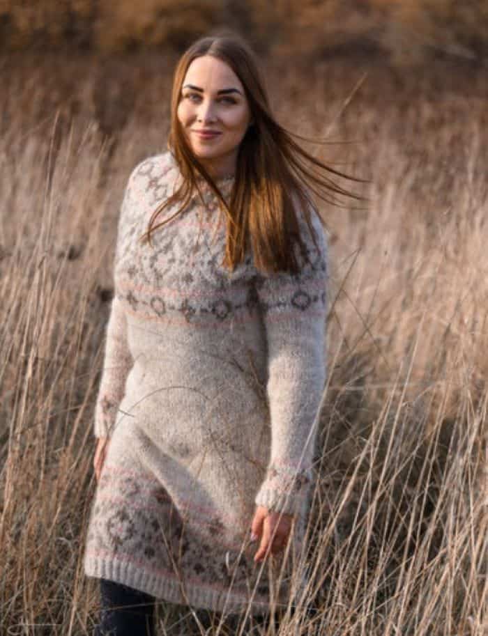 Frostros by Johanna Vau Knits colorwork dress in soft greys and pinks