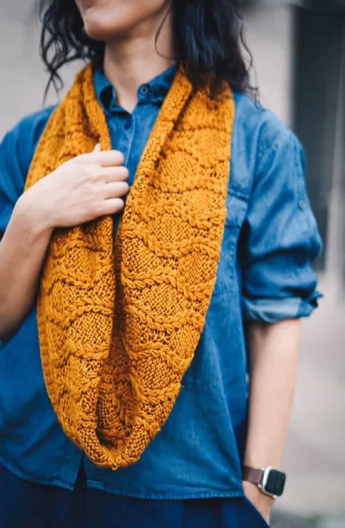 Selena's Cowl by Joji Locatelli in mustard colored yarn