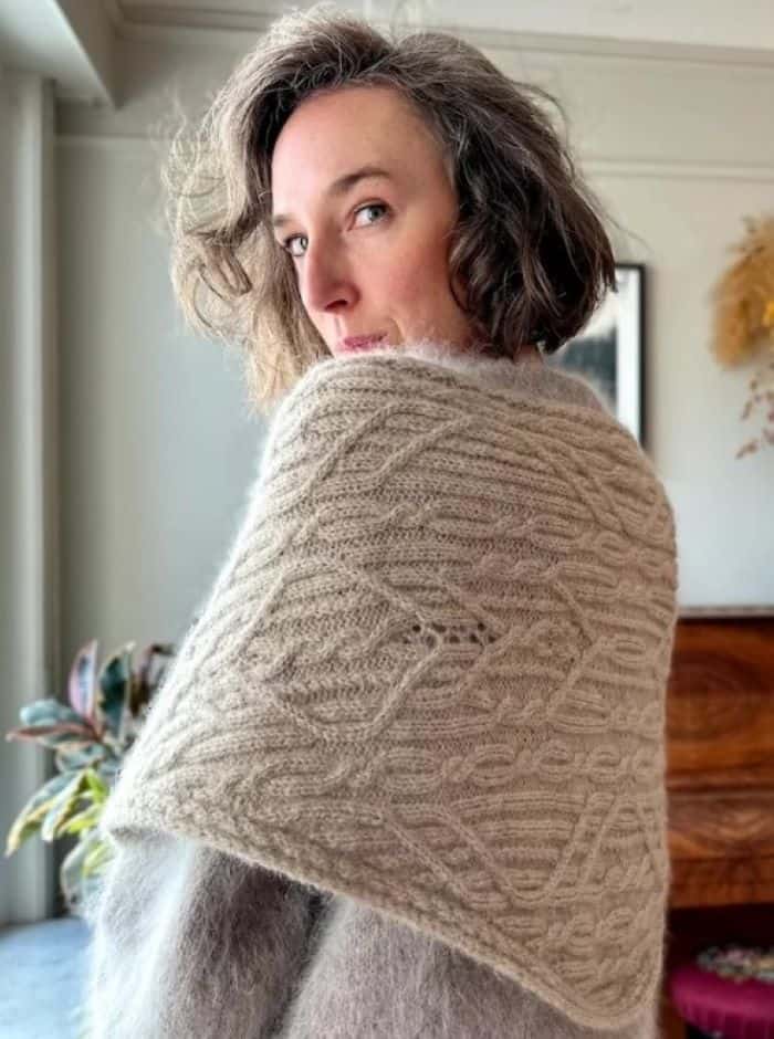 Twisted Twine shawl by Adorable Knits in oatmeal colored yarn
