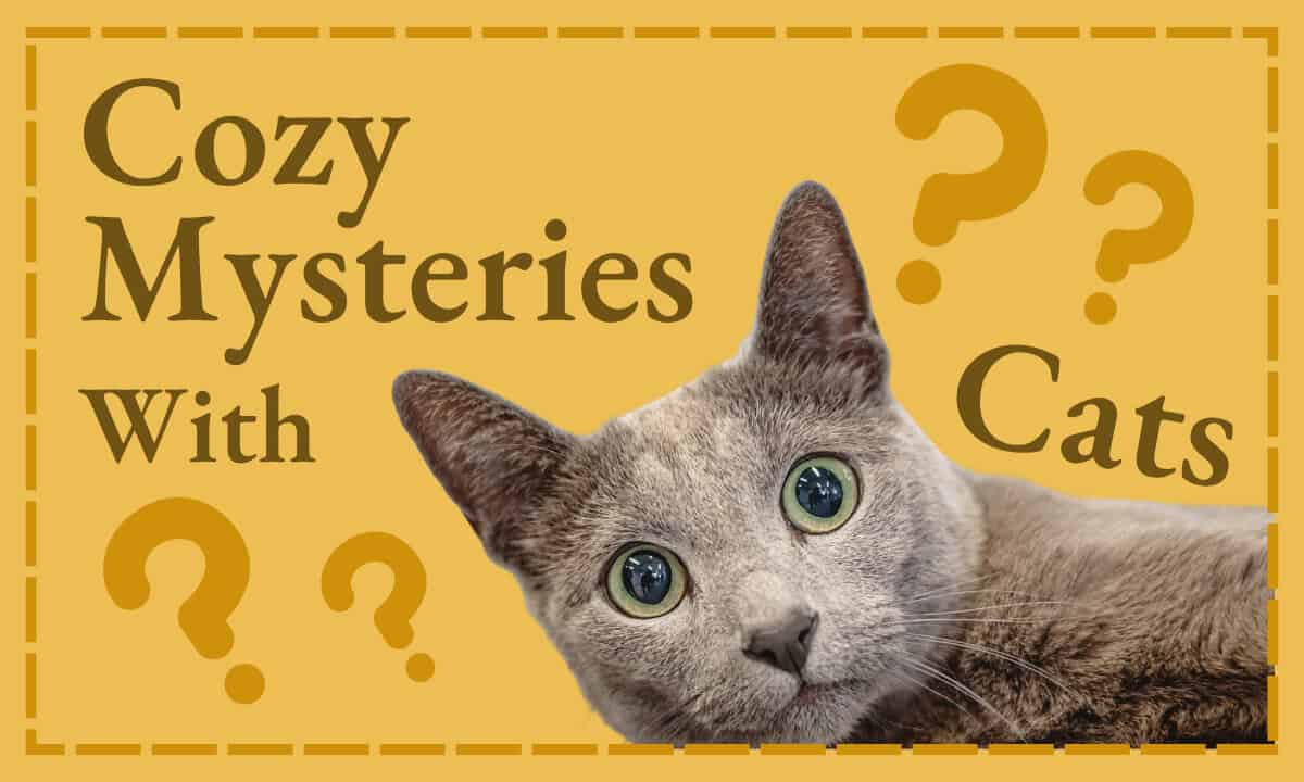 Cozy Mysteries With Cats — a grey cat surrounded by question marks on a gold background.