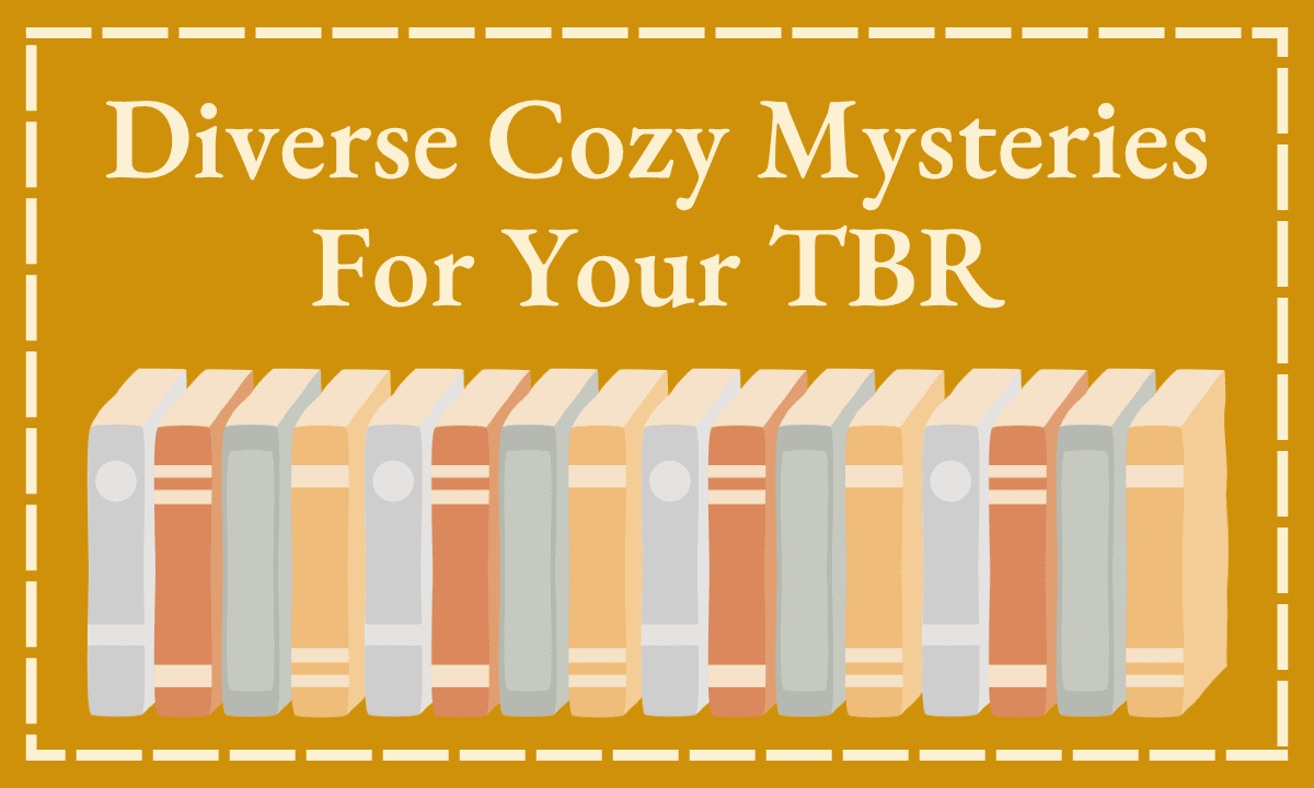 Diverse Cozy Mysteries For Your TBR — illustration of a long row of colorful books on a golden background.