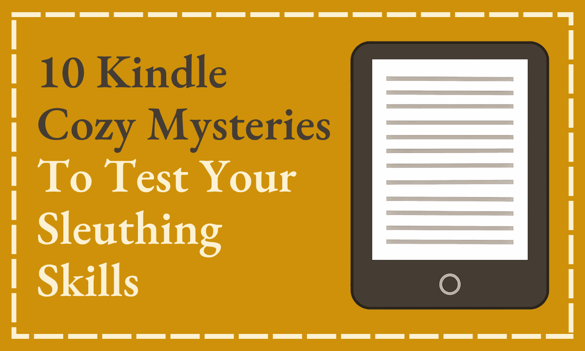 10 Kindle Cozy Mysteries To Test Your Sleuthing Skills — illustration of an e-reader on a golden background.